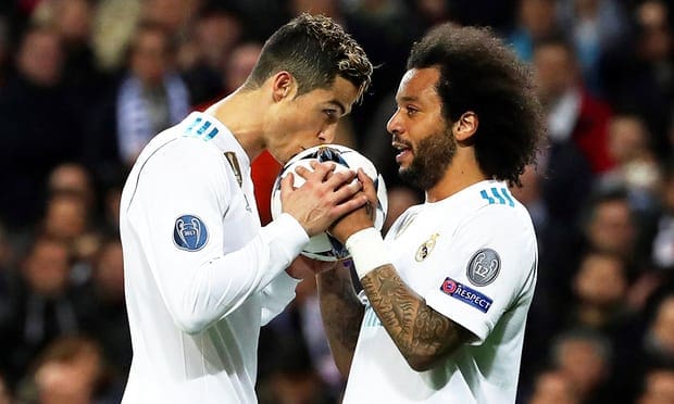 Cristiano Ronaldo celebrates scoring Real Madrid's equaliser with his team-mate Marcelo