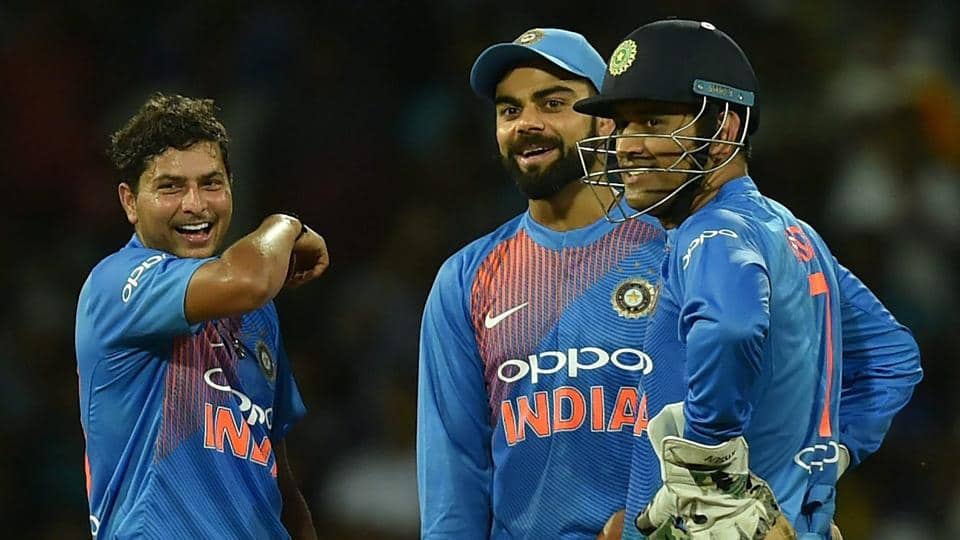 Kuldeep Yadav, Virat Kohli and MS Dhoni