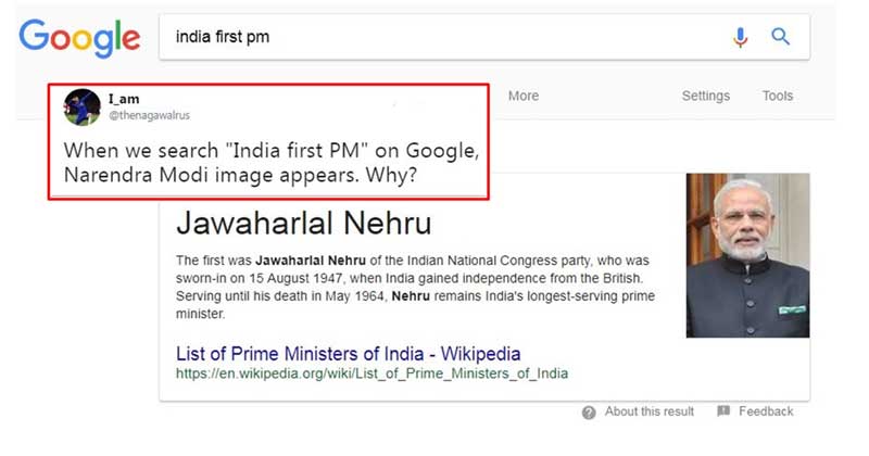 A Bunch Of People Are Finding Narendra Modi’s Pic With Nehru’s Name In The ‘India First PM’ Google Search