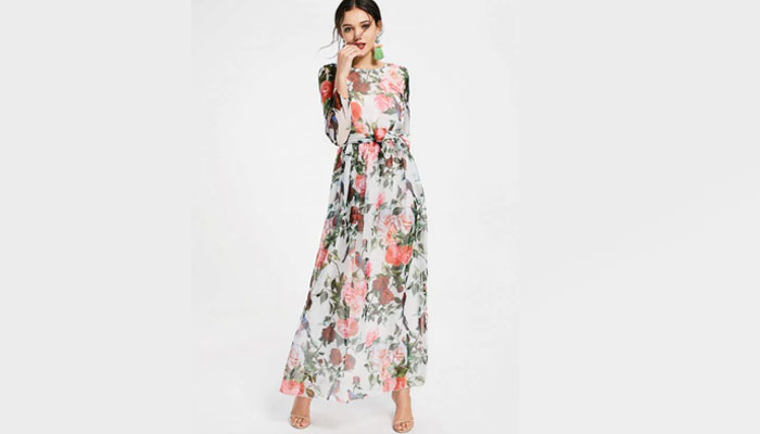 floral print maxi dress with flower-shaped earrings