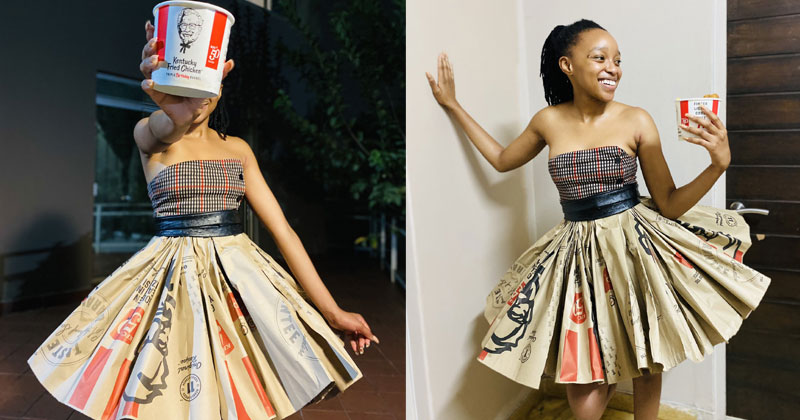 Woman makes dress out of recycled KFC packages